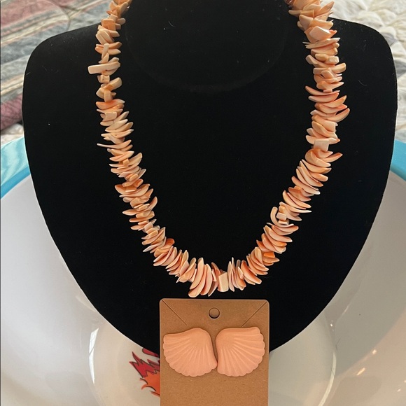 Jewelry - Peach Shell Chip Necklace and Shell Earrings Set